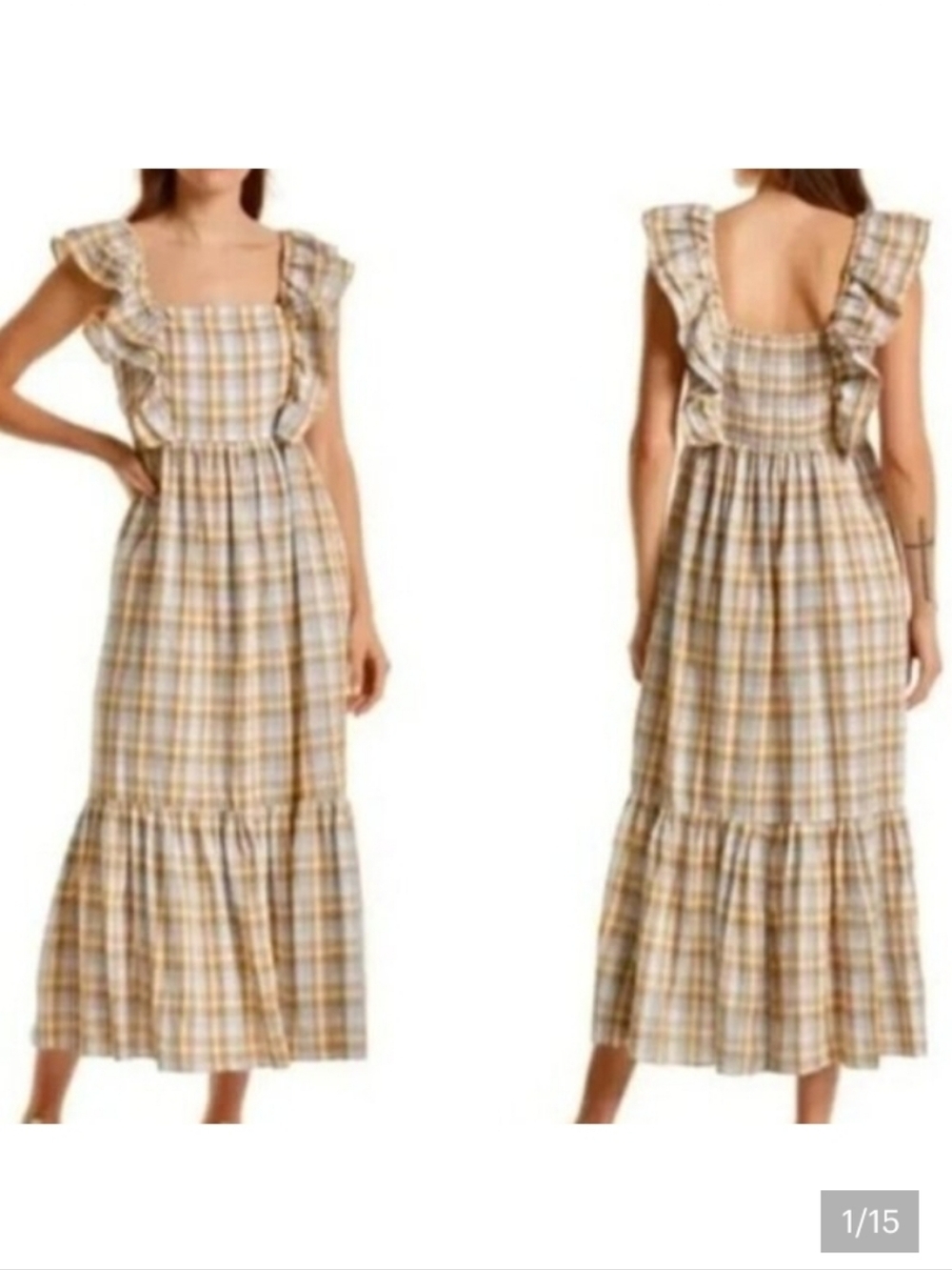Madewell Ruffle-Sleeve Tiered Midi Dress in Plaid Cotton Tan Blue Size 10